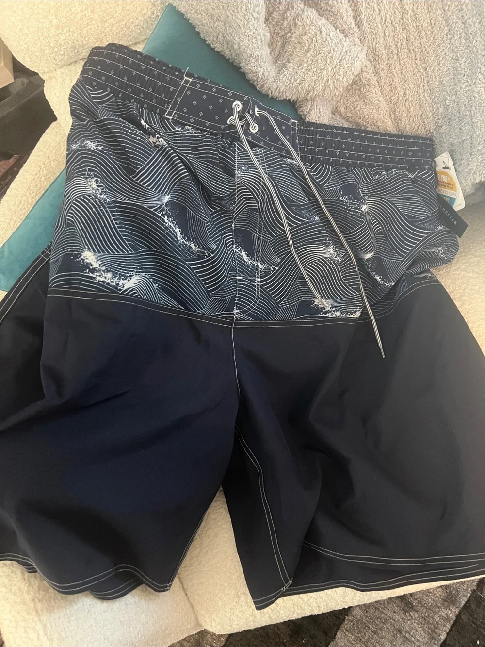 Men's Athletic Swim Shorts in Navy with Wave Pattern
